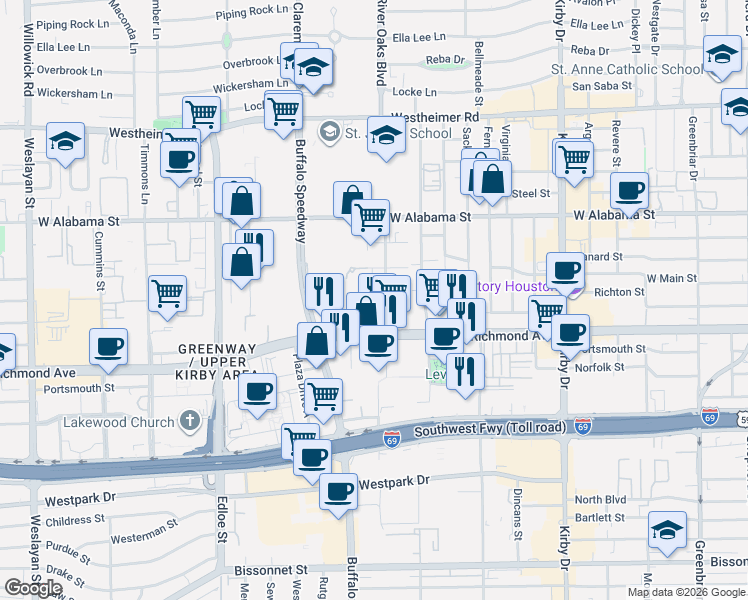 map of restaurants, bars, coffee shops, grocery stores, and more near 3314 West Main Street in Houston