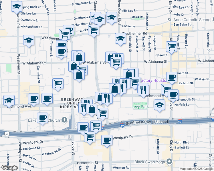 map of restaurants, bars, coffee shops, grocery stores, and more near 3121 Buffalo Speedway in Houston