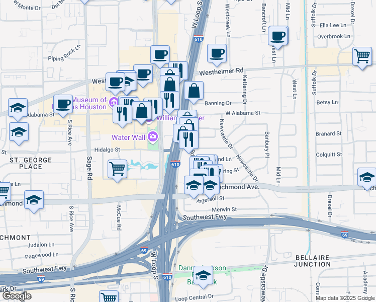 map of restaurants, bars, coffee shops, grocery stores, and more near 3005 West Loop South in Houston