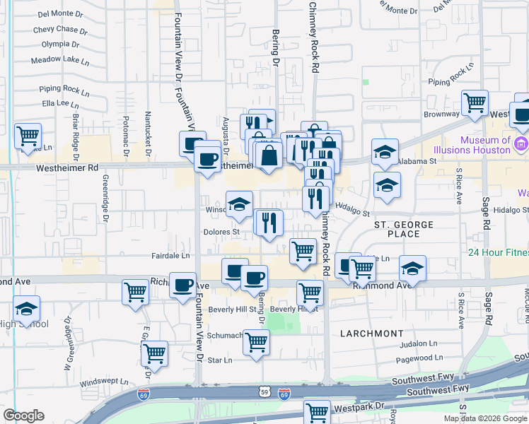 map of restaurants, bars, coffee shops, grocery stores, and more near 5713 Val Verde Street in Houston