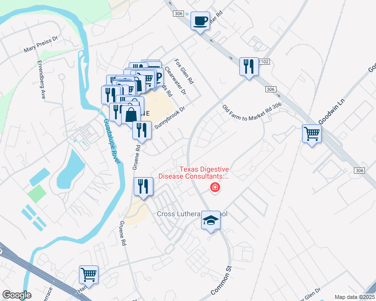 map of restaurants, bars, coffee shops, grocery stores, and more near 1209 Gruene Estates in New Braunfels