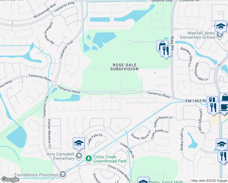 map of restaurants, bars, coffee shops, grocery stores, and more near Tamarron Parkway in Katy