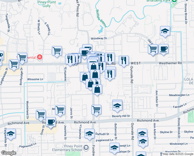 map of restaurants, bars, coffee shops, grocery stores, and more near 2720 Crossview Drive in Houston
