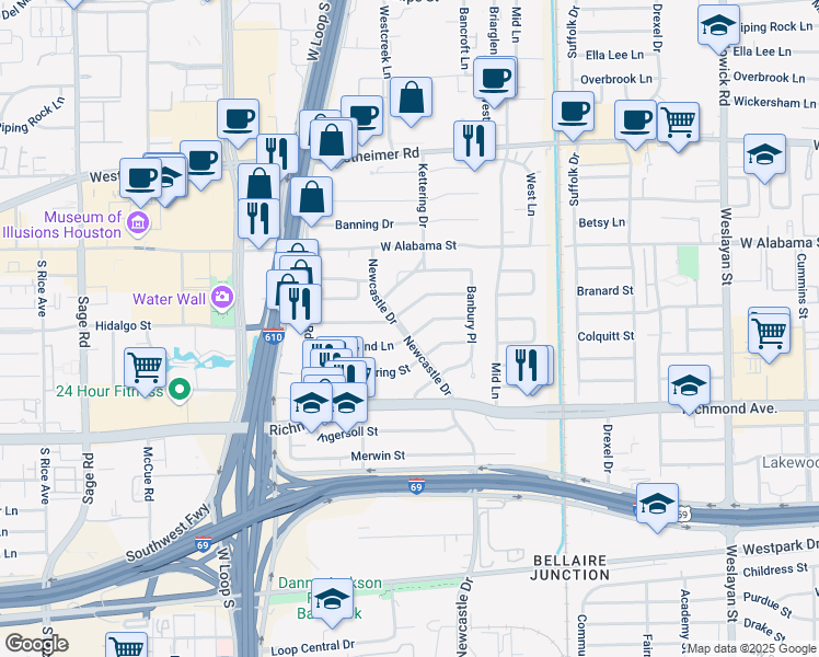 map of restaurants, bars, coffee shops, grocery stores, and more near 4623 Devon Street in Houston