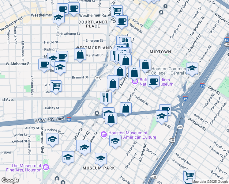 map of restaurants, bars, coffee shops, grocery stores, and more near 4002 Fannin Street in Houston