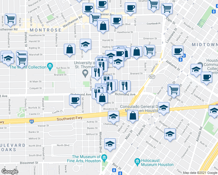 map of restaurants, bars, coffee shops, grocery stores, and more near Roseland St in Houston