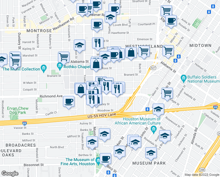 map of restaurants, bars, coffee shops, grocery stores, and more near Colquitt St & Stanford St in Houston