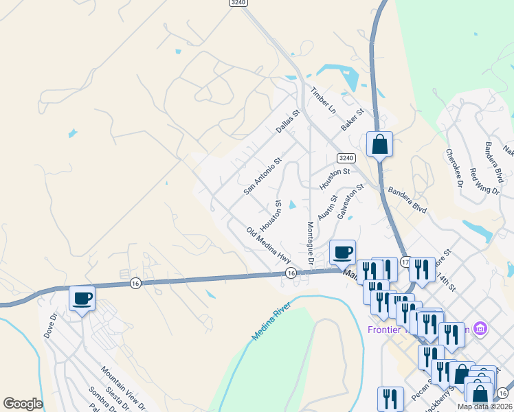 map of restaurants, bars, coffee shops, grocery stores, and more near 222 San Antonio Street in Bandera