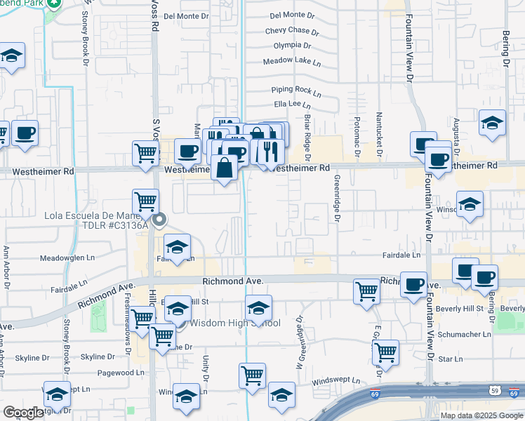map of restaurants, bars, coffee shops, grocery stores, and more near 9 Briargrove Drive in Houston