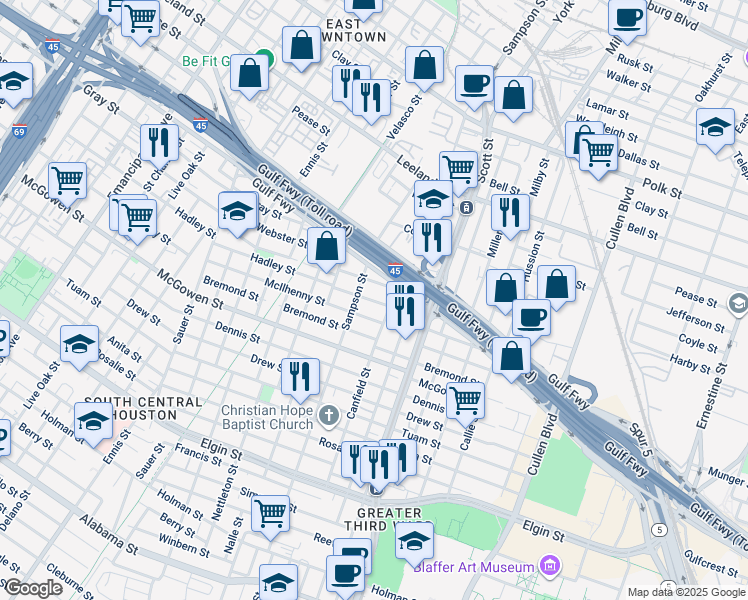 map of restaurants, bars, coffee shops, grocery stores, and more near 2201 Sampson Street in Houston