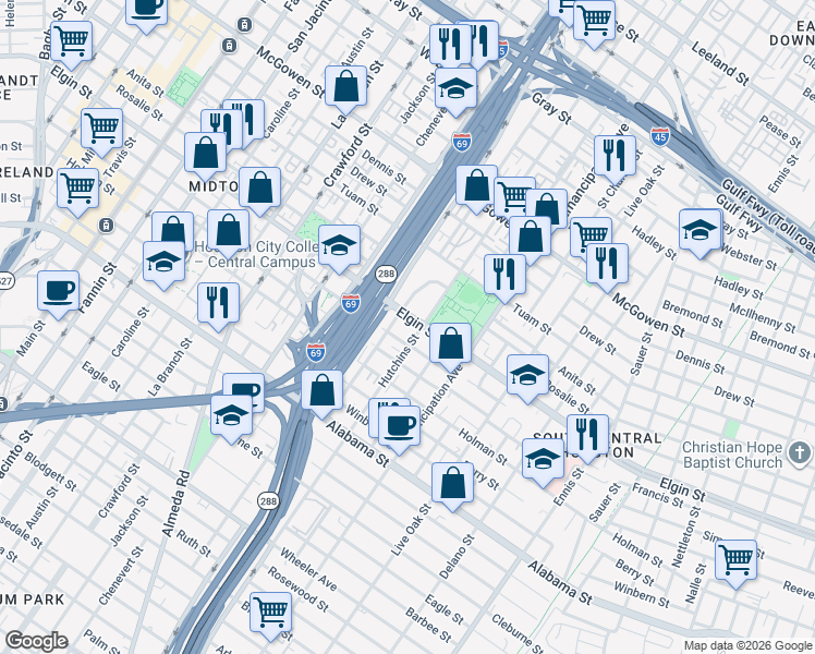 map of restaurants, bars, coffee shops, grocery stores, and more near 2111 Elgin Street in Houston