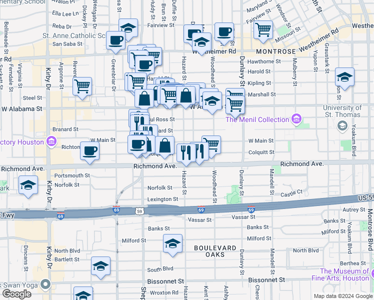 map of restaurants, bars, coffee shops, grocery stores, and more near 1912 West Main Street in Houston