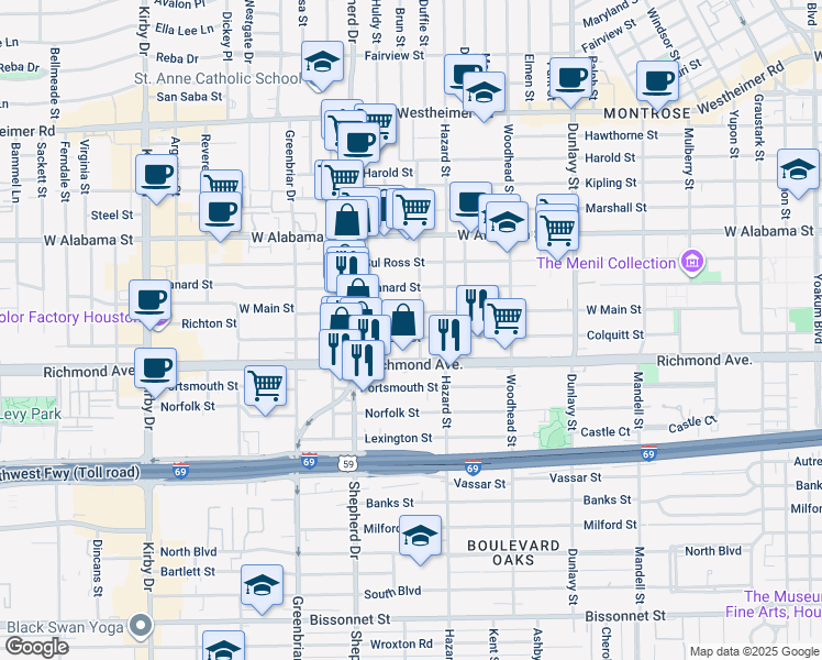 map of restaurants, bars, coffee shops, grocery stores, and more near 2023 West Main Street in Houston