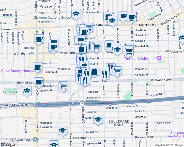 map of restaurants, bars, coffee shops, grocery stores, and more near 2023 West Main Street in Houston