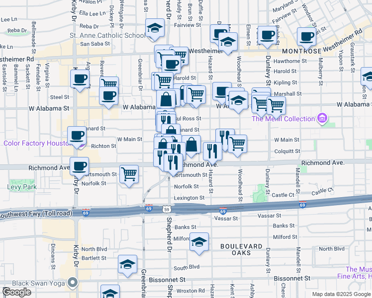 map of restaurants, bars, coffee shops, grocery stores, and more near 2023 West Main Street in Houston