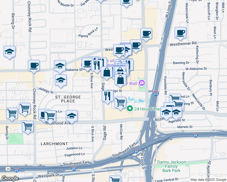 map of restaurants, bars, coffee shops, grocery stores, and more near 2911 Sage Road in Houston
