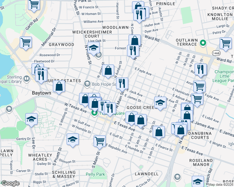 map of restaurants, bars, coffee shops, grocery stores, and more near 500 North Commerce Street in Baytown