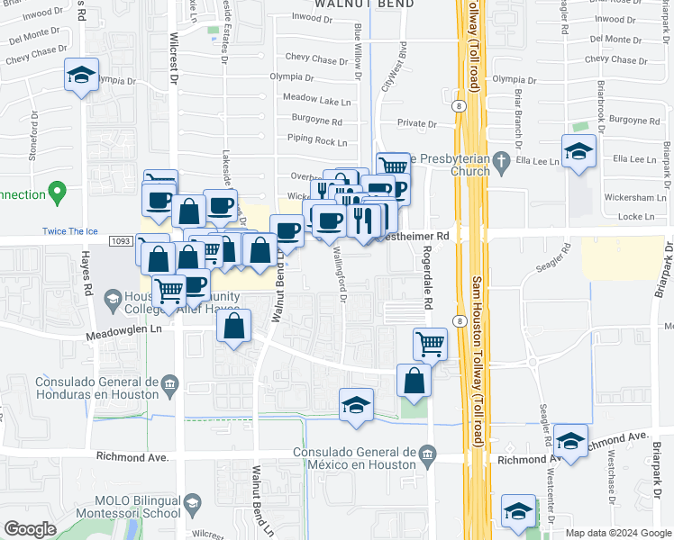 map of restaurants, bars, coffee shops, grocery stores, and more near 10611 Westheimer Road in Houston