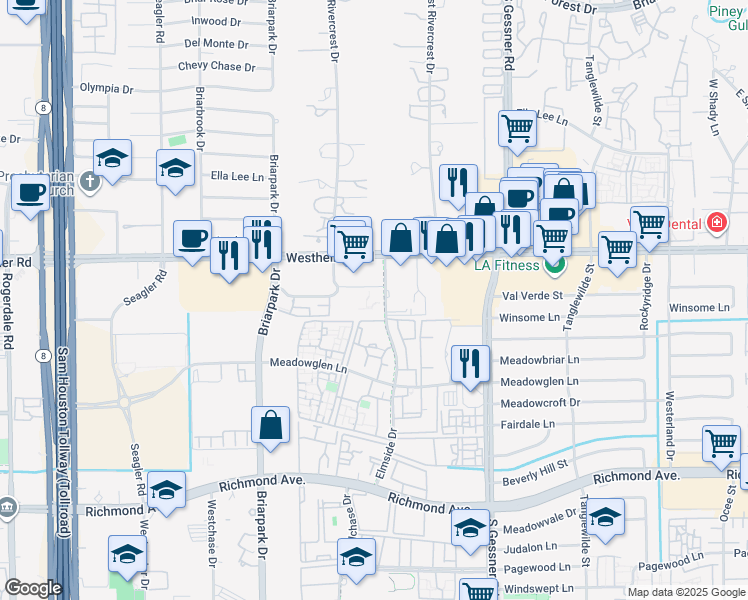map of restaurants, bars, coffee shops, grocery stores, and more near 9965 Farm to Market 1093 in Houston
