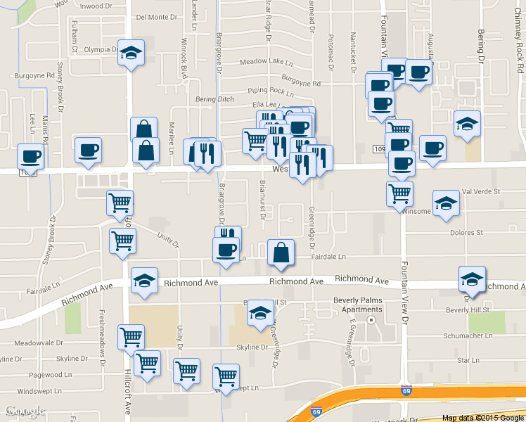 map of restaurants, bars, coffee shops, grocery stores, and more near 2822 Briarhurst Drive in Houston