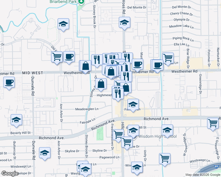 map of restaurants, bars, coffee shops, grocery stores, and more near 7600 Highmeadow Drive in Houston