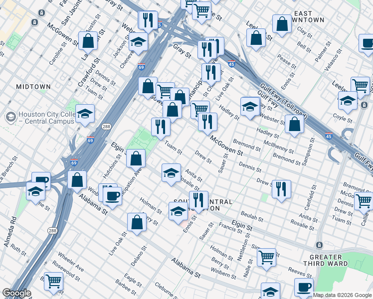 map of restaurants, bars, coffee shops, grocery stores, and more near 2711 Live Oak Street in Houston
