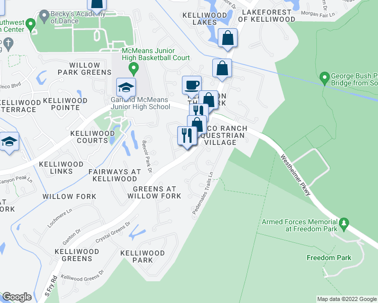 map of restaurants, bars, coffee shops, grocery stores, and more near 3308 South Fry Road in Katy