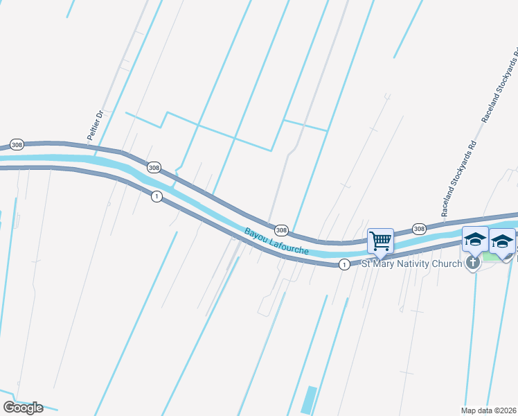 map of restaurants, bars, coffee shops, grocery stores, and more near 3279 Louisiana 308 in Raceland