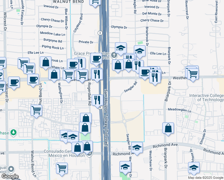 map of restaurants, bars, coffee shops, grocery stores, and more near 10205 Westheimer Road in Houston