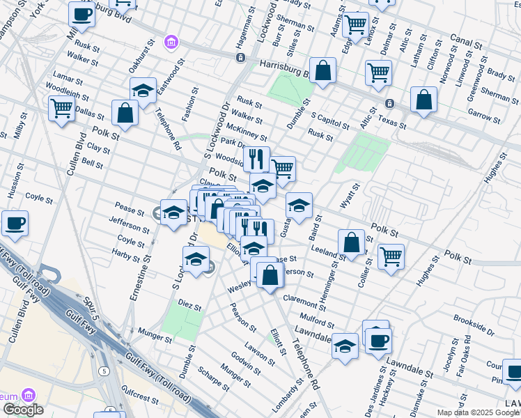 map of restaurants, bars, coffee shops, grocery stores, and more near 4924 Polk Street in Houston