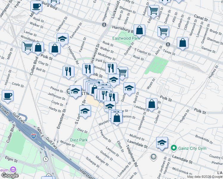 map of restaurants, bars, coffee shops, grocery stores, and more near 4924 Polk Street in Houston