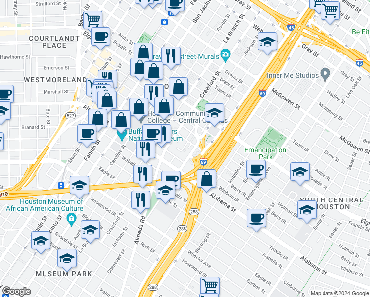 map of restaurants, bars, coffee shops, grocery stores, and more near 3507 Jackson Street in Houston