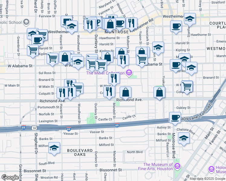 map of restaurants, bars, coffee shops, grocery stores, and more near 1615 West Main Street in Houston