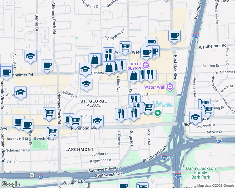 map of restaurants, bars, coffee shops, grocery stores, and more near 5310 Val Verde Street in Houston