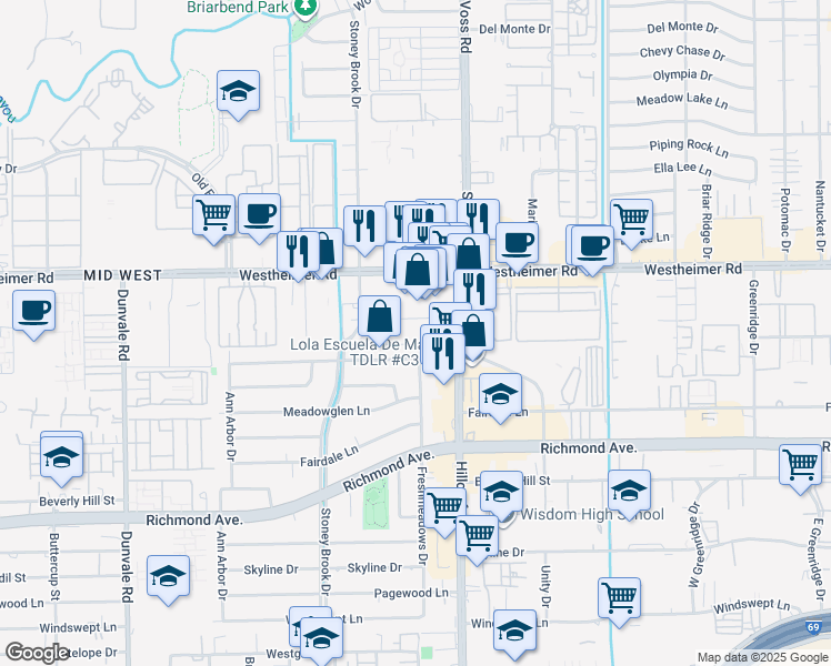 map of restaurants, bars, coffee shops, grocery stores, and more near 7600 Highmeadow Drive in Houston