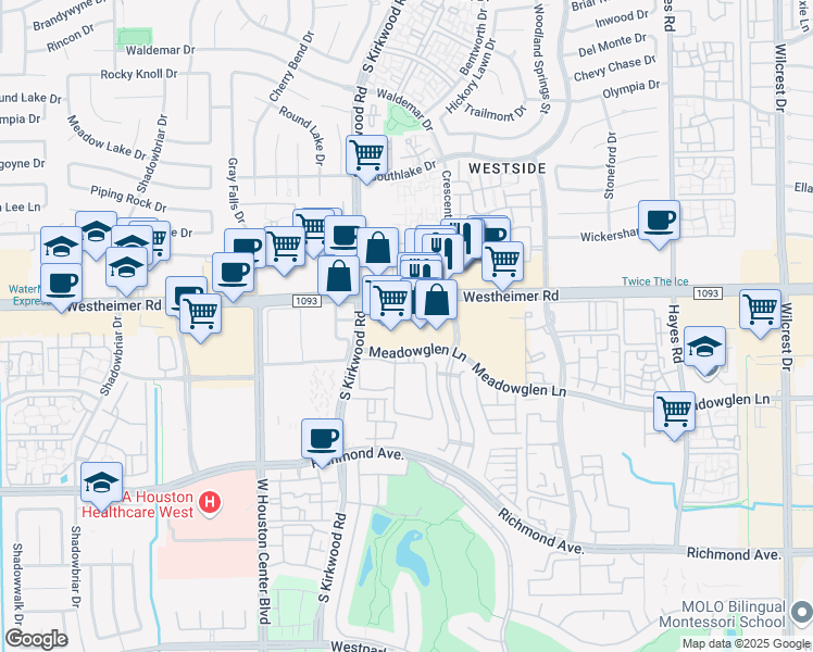 map of restaurants, bars, coffee shops, grocery stores, and more near 11805 Westheimer Road in Houston