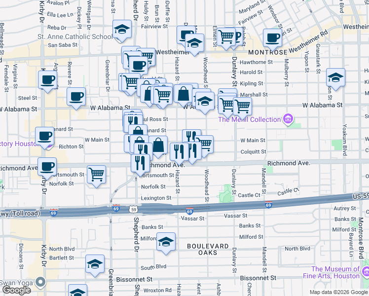 map of restaurants, bars, coffee shops, grocery stores, and more near 1836 West Main Street in Houston