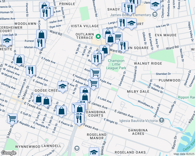 map of restaurants, bars, coffee shops, grocery stores, and more near 1001 North Alexander Drive in Baytown
