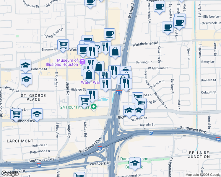 map of restaurants, bars, coffee shops, grocery stores, and more near 3009 Post Oak Boulevard in Houston
