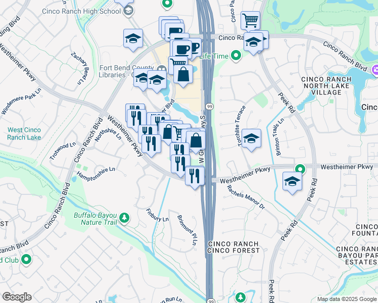 map of restaurants, bars, coffee shops, grocery stores, and more near 23710 Westheimer Parkway in Katy