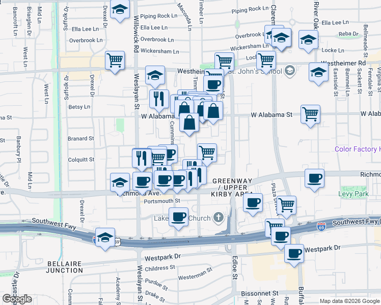map of restaurants, bars, coffee shops, grocery stores, and more near 3100 Timmons Lane in Houston