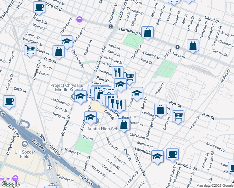 map of restaurants, bars, coffee shops, grocery stores, and more near 1315 Dumble Street in Houston