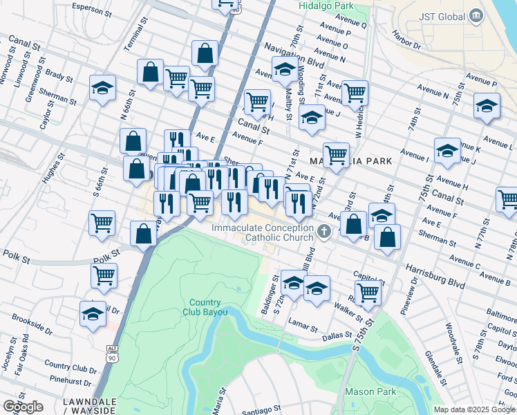 map of restaurants, bars, coffee shops, grocery stores, and more near 7003 Harrisburg Boulevard in Houston
