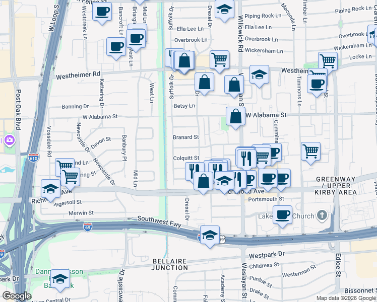 map of restaurants, bars, coffee shops, grocery stores, and more near 4022 West Main Street in Houston