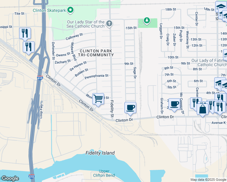 map of restaurants, bars, coffee shops, grocery stores, and more near 420 Gans Street in Houston
