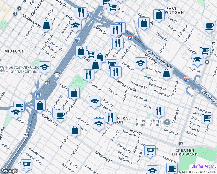 map of restaurants, bars, coffee shops, grocery stores, and more near 2711 Live Oak Street in Houston