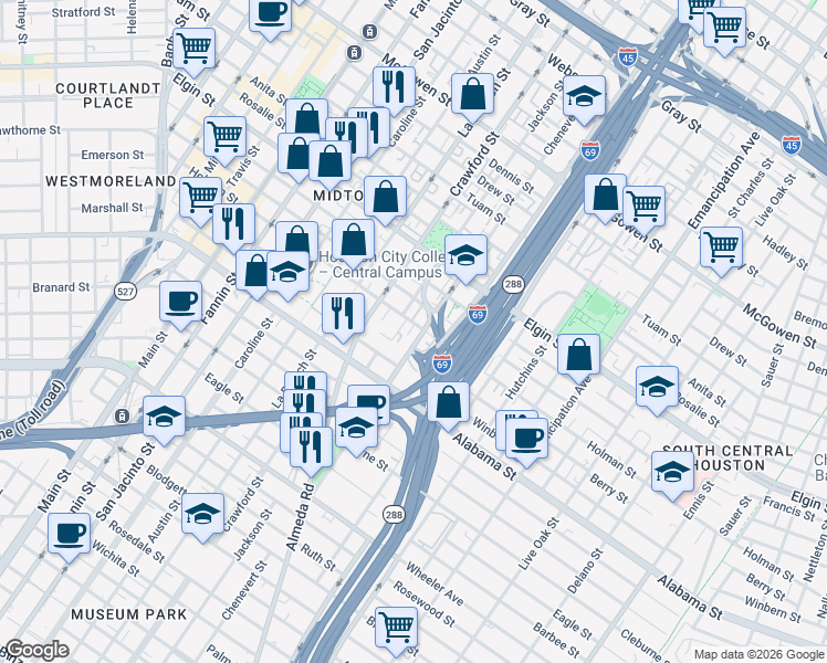 map of restaurants, bars, coffee shops, grocery stores, and more near 3400 Chenevert Street in Houston