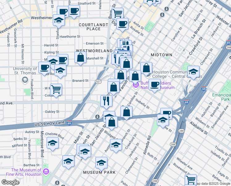 map of restaurants, bars, coffee shops, grocery stores, and more near 4002 Fannin Street in Houston