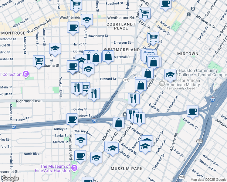 map of restaurants, bars, coffee shops, grocery stores, and more near 417 Colquitt Street in Houston
