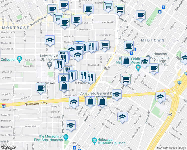 map of restaurants, bars, coffee shops, grocery stores, and more near 515 West Main Street in Houston